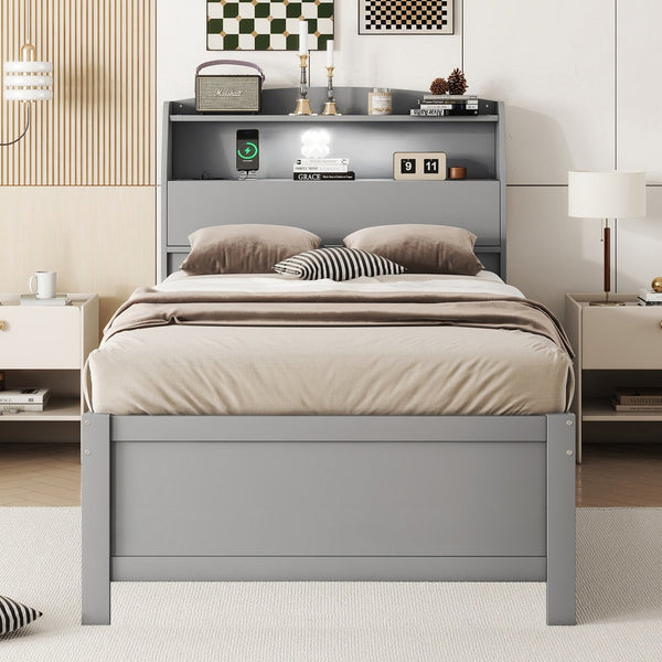 English Elm Twin LED Platform Bed with Trundle and Under-Storage Drawers, Flip-Up Headboard, USB Ports Gray N820S10008E