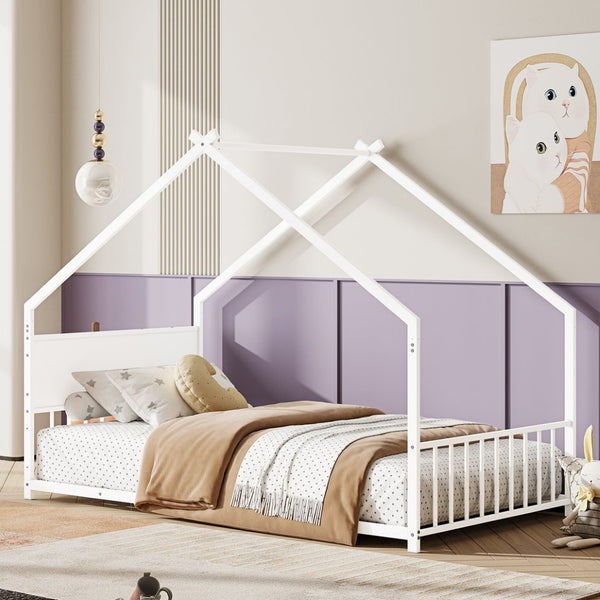 English Elm Twin House Shaped Metal Bed Frame with Led Lights and Wood Slats for Kids W1820P356049