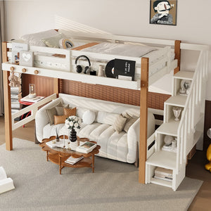 English Elm Twin Pine Wood Loft Bed with Built-in Shelving and Hook for Kids Bedroom W5305S00010