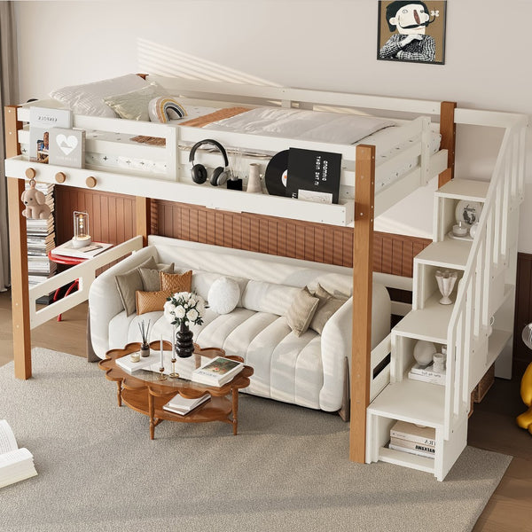 English Elm Twin Pine Wood Loft Bed with Built-in Shelving and Hook for Kids Bedroom W5305S00010
