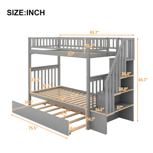 English Elm Twin Twin-over-Twin Bunk Bed with Trundle, Solid Wood Slat Support, Guardrail & Built-In Storage for Three Sleeps Gray SM000304AAE-1