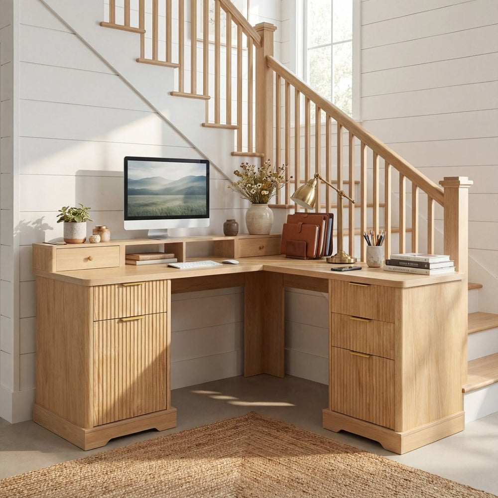 English Elm 59" Fluted Oak L-shaped Corner Desk with Charging Station Monitor Stand and File Storage Light Oak W2917S00005