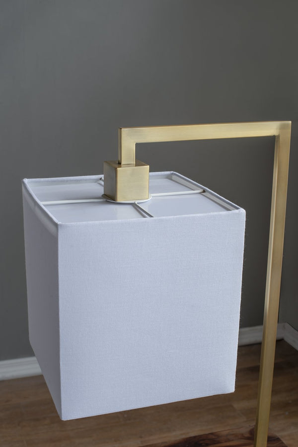 English Elm 9x14.3x25.2" Dual-Bend Gold Metal Table Lamp with Marble Base, Square Shade & Hanging Motif for Warm Ambient Light W2078P324063