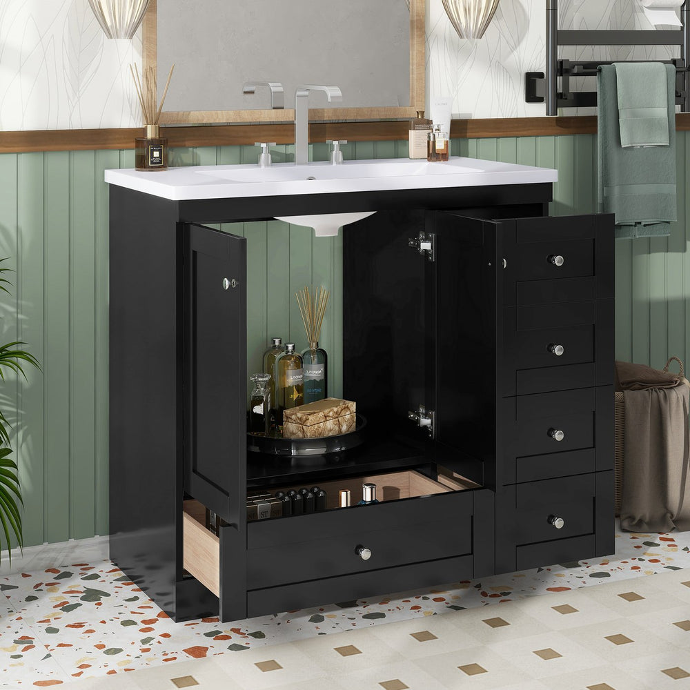 English Elm 36 Inch Shaker Style Free-Standing Bathroom Vanity Cabinet with Resin Sink, Soft-Close Storage Elegance Black SV000021AAB