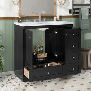 English Elm 36 Inch Shaker Style Free-Standing Bathroom Vanity Cabinet with Resin Sink, Soft-Close Storage Elegance Black SV000021AAB