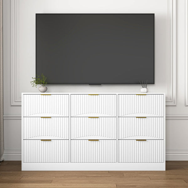 English Elm Black Nine Drawer Wide Dresser Matte Wood Chest with Wavy Relief Panels Bedroom Storage White W409P307539