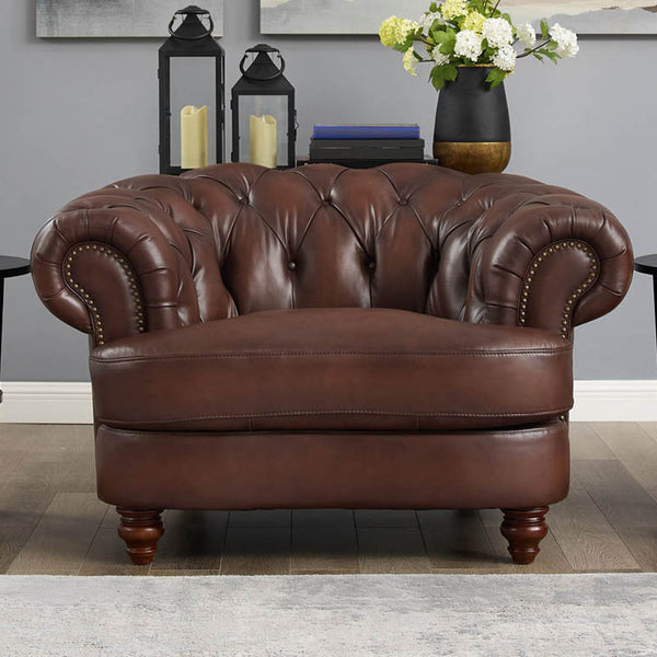 English Elm Newport Hand-Finished Leather Chair with Nail-Head Trim, Serpentine Rail & Turned Wood Legs, Sophisticated Elegance B2705P211812