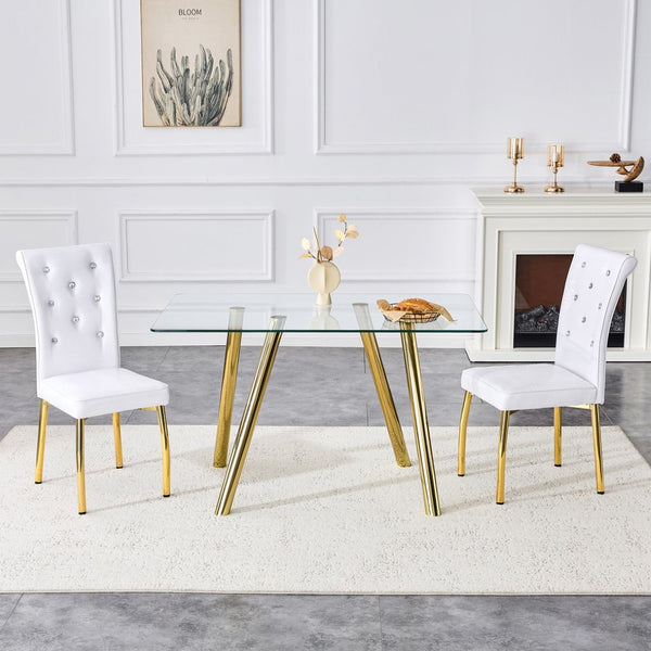 English Elm 51-inch Tempered Glass Rectangular Dining Table Electroplated Metal Base Open Plan Gold W3875S00003