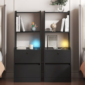 English Elm Nightstands with Built-In Charging, Voice-Control Night Light, Lockable Cabinet and Open Shelves for Bedroom Black 45.86 L x 19.88 W x 10.22 H W1321P311158