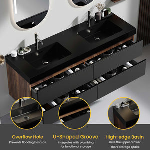 English Elm Grace 60" Walnut Floating Bathroom Vanity With Matt Black Quartz Sink And Soft-Close Drawers, Modern Style W1865P281505