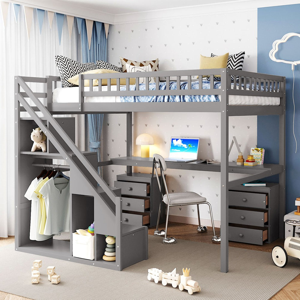 English Elm Full Size Loft Bed with Desk Drawers Led Strip and Staircase for Teen Rooms Gray LT000258AAE-1