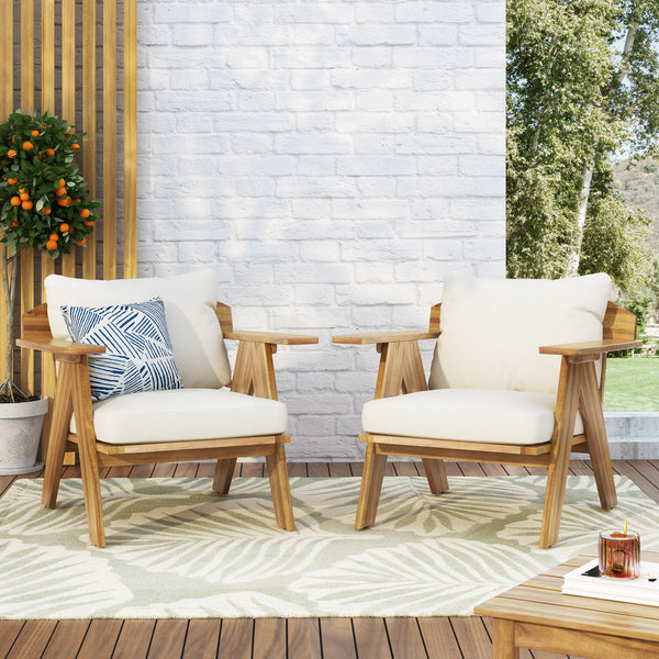 English Elm Christopher Knight Home® - Outdoor Acacia Wood Club Chairs Set of 2 with Water-Resistant Beige Cushions, Teak Finish, Durable Relaxation 30" 70856.00BGE