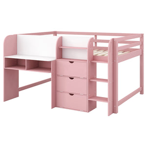 English Elm Full Size Low Loft Bed With Desk, Storage, Bookcase & Fun Whiteboard For Kids - Pink Design N7090005005H