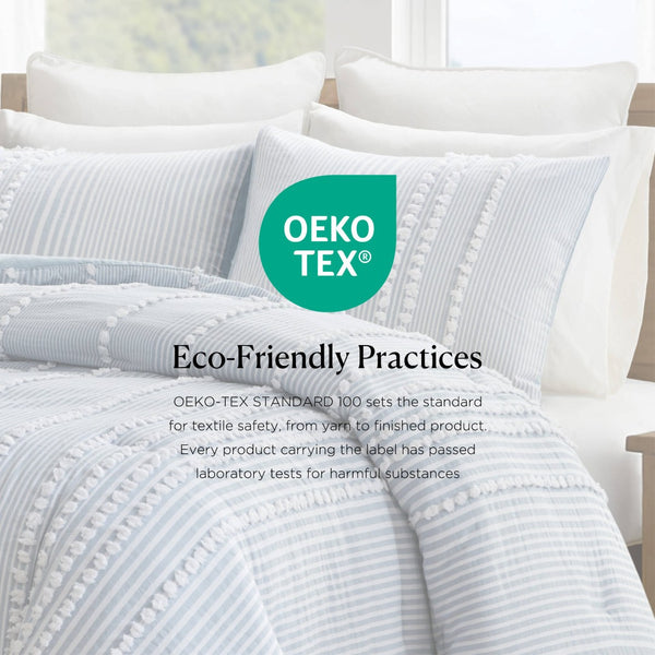 English Elm 3-piece Cotton Yarn Dyed Comforter Set Jacquard Pompom Stripe Coastal Bedroom Blue B035P482892