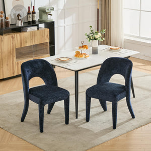 English Elm Dark blue chenille dining chair Set of 2 with hollowed backrest, iron frame, KD assembly, 300lb capacity, luxe comfort W3615P340359