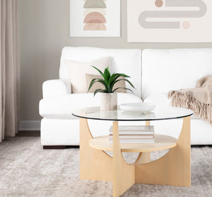 English Elm U-Shaped Modern Coffee Table With Natural Wood & Clear Glass – Stylish Centerpiece & Storage Solution B202P223314-GIGA