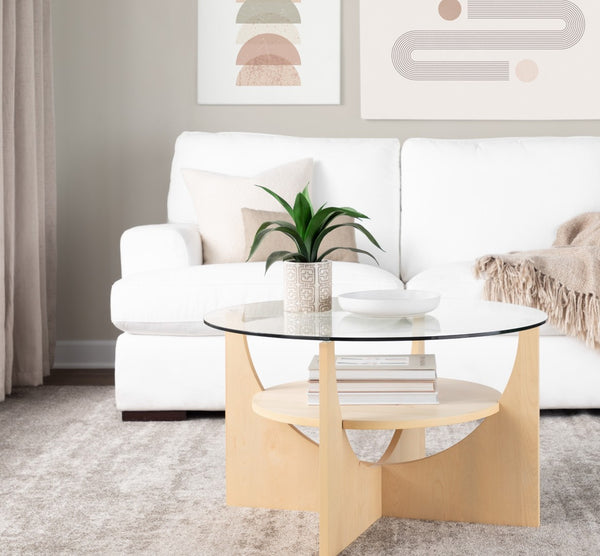 English Elm U-Shaped Modern Coffee Table With Natural Wood & Clear Glass – Stylish Centerpiece & Storage Solution B202P223314-GIGA