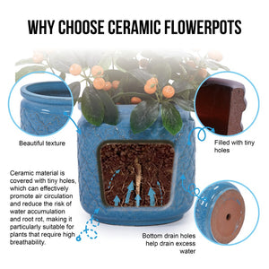 English Elm Set Of 3 Antique Blue Ceramic Flowerpots - Artisan Planters For Garden, Patio & Indoor Decor W3273P321480-GIGA