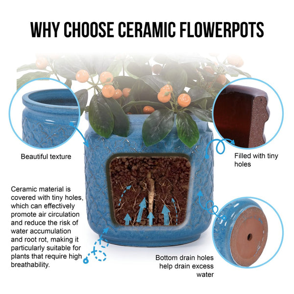 English Elm Set Of 3 Antique Blue Ceramic Flowerpots - Artisan Planters For Garden, Patio & Indoor Decor W3273P321480-GIGA