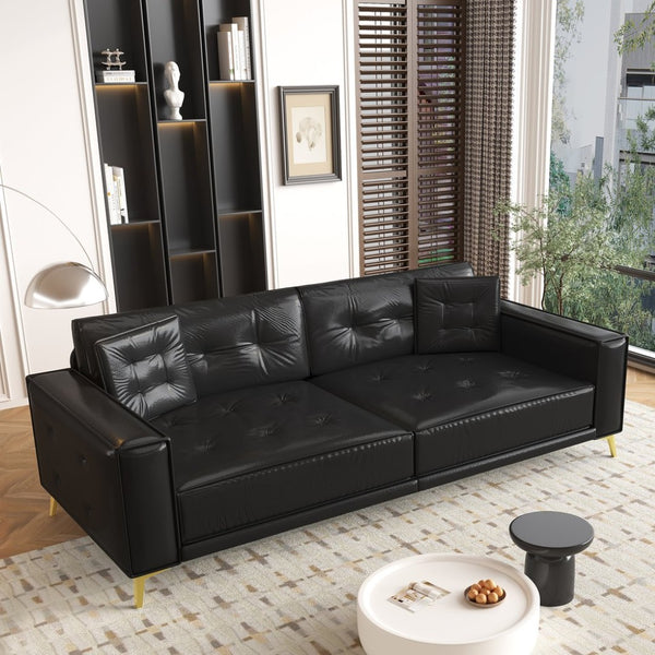 English Elm 92.1"king Faux Leather Convertible Sleeper Sofa Tufted 4 Seat Pull Out Living Room Couch Black W1885S00407