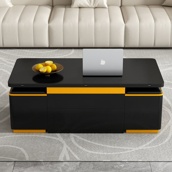English Elm VIBE HAUS Lift-Top Coffee Table with Gold Trim, Foldable Workstation & Hidden Storage Stools Set Black N893S000010B