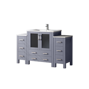 English Elm Dark Grey Single Bath Vanity - 54" W With White Ceramic Top, Side Cabinets & Complete Faucet Set B2731S01205