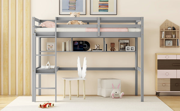 English Elm Twin Loft Bed with Built-In Desk and Bookcase, Pine Frame, Safety Guardrail, Ladder for Study Space Grey W504P181852