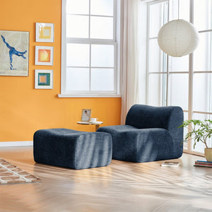 English Elm Ultra-Comfortable Velvet Compressed Foam Sofa Chair with Ottoman and Pillow — Space-Saving Lounge Solution Blue W1765P342024