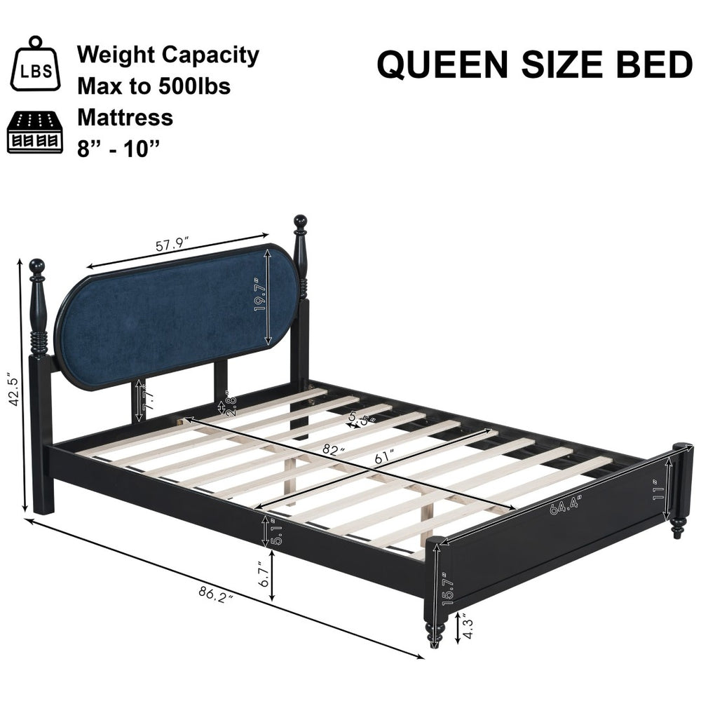 English Elm Queen Platform Bed Solid Wood Frame Velvet Upholstered Headboard Modern Bedroom N770PQ379968C