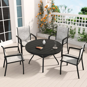 English Elm 5-Piece Patio Dining Set: Stylish Metal Table & Stackable Chairs For Elegant Outdoor Gatherings W213S00051