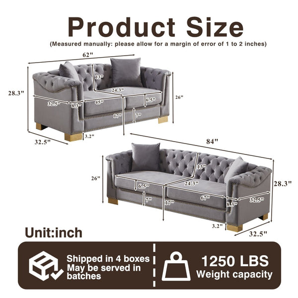 English Elm 3-seater and 2-seater Chesterfield Velvet Sofa Set with Tufted Back Gold Stud Trim Grey W1926S00106