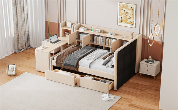 English Elm Twin Upholstered Daybed with Velvet Finish, High Back Shelves, Flip Cabinets, Drawers & Side Table Beige SF000196AAA