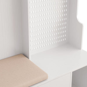 English Elm Multi-purpose Hallway Hall Tree with Linen Cushion Bench, Pegboard, Hooks, Drawers & Shoe Storage White W757P196820