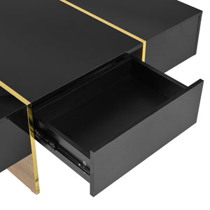 English Elm ON-TREND 47.2" x 31.4" High-Gloss Minimalist Coffee Table with 2 Drawers, Golden Wood-Grain Legs, Modern Centerpiece for Living Room Black N721P180693B