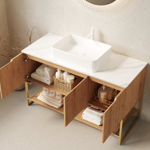 English Elm 48" Freestanding Bathroom Vanity Cabinet Sintered Stone Top Woodgrain Finish Open Shelf W2615S00463