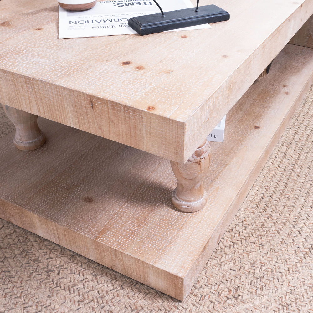 English Elm Rustic 47.2" Solid Wood Coffee Table with Open Shelf, Modern Farmhouse Design, Turned Leg Accent W2729P270747