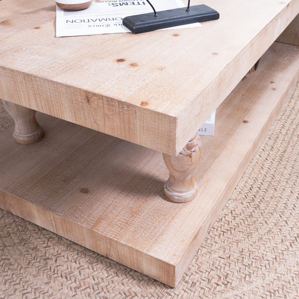 English Elm Rustic 47.2" Solid Wood Coffee Table with Open Shelf, Modern Farmhouse Design, Turned Leg Accent W2729P270747