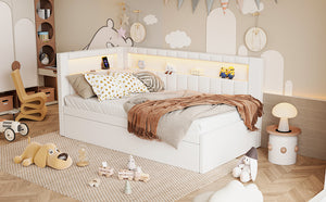 English Elm Upholstered Twin Platform Bed with Trundle, Linen Backrest, Built-In USB Ports & LED Accent Lighting White DL001919AAK