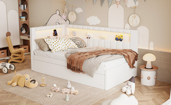 English Elm Upholstered Twin Platform Bed with Trundle, Linen Backrest, Built-In USB Ports & LED Accent Lighting White DL001919AAK