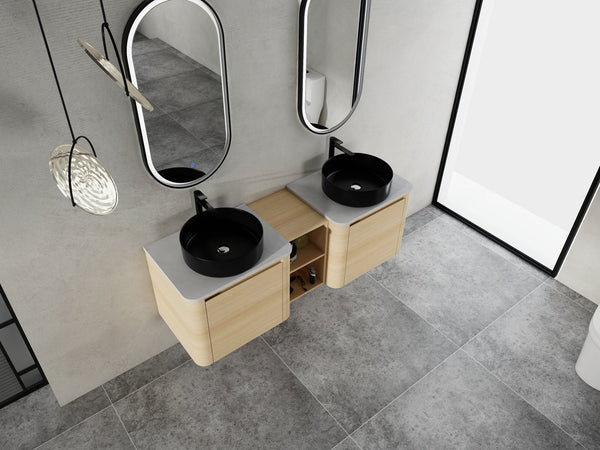 English Elm 60'' Wall-Mounted Bathroom Vanity With Ceramic Art Sink & Soft-Close Door For Modern Elegance W999S00472