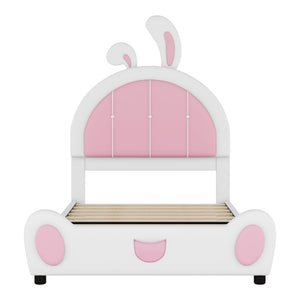English Elm Twin Upholstered Platform Bed with Ribbit Headboard, White Pink Ears, Low-Profile Modern Frame, Cute WF323763AAK