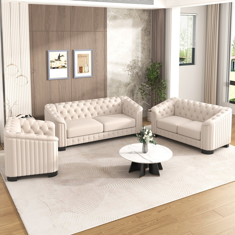 English Elm Modern Velvet 3-Piece Sofa Set with Rubber Wood Legs, Pocket Spring Comfort, Curved Arms, Stylish Living Room centerpiece Beige N719S000570A