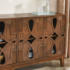English Elm 60.5" Mid Century Sideboard Buffet with 4 Doors, Adjustable Shelves, Outlet Holes — Walnut TV Console W1801P224330