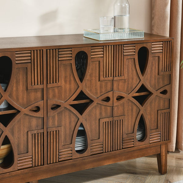 English Elm 60.5" Mid Century Sideboard Buffet with 4 Doors, Adjustable Shelves, Outlet Holes — Walnut TV Console W1801P224330