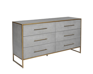 Sunpan VENICE Dresser - Luxurious Grey Shagreen Six-Drawer Storage with Antique Brass Accents for Glam Spaces 105441
