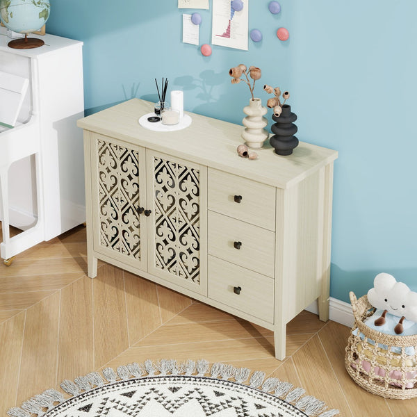 English Elm Hollowed-Out Cabinet With 2 Doors & 3 Drawers – Stylish American Furniture For Versatile Storage Solutions W688P223034
