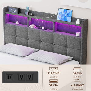 English Elm Queen LED Linen Platform Bed with USB-C/A Charging, 2 Drawers, Memory Foam Headboard, Light Gray W1550P190365