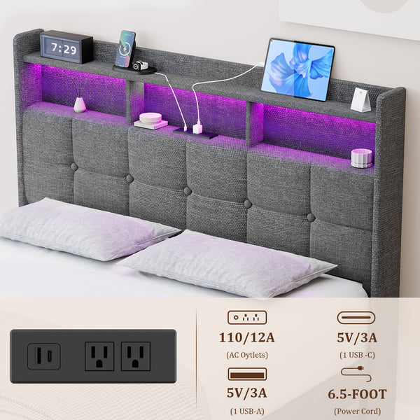 English Elm Queen LED Linen Platform Bed with USB-C/A Charging, 2 Drawers, Memory Foam Headboard, Light Gray W1550P190365