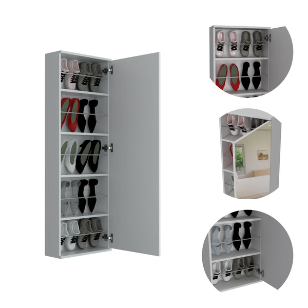 English Elm Connecticut White Wall-Mounted Shoe Cabinet with Mirror Door, 5 Shelves, 10-Pair Storage, 54.3"H x 18.5"W x 8.1"D B128P148691