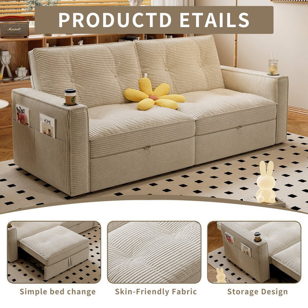 English Elm SOMNUS Convertible Sofa Bed with Corduroy Upholstery, Space-Saving 2-in-1 Design, Durable Steel Frame White W3820S00010